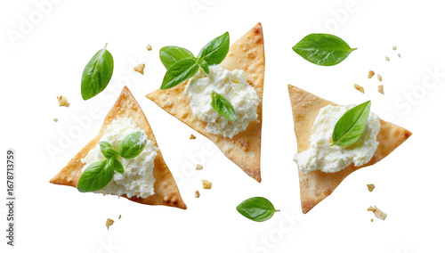Crisp triangular crackers topped with creamy cheese and basil
