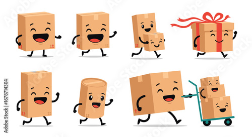Happy cartoon cardboard boxes with faces moving and delivering packages with joy and energy
