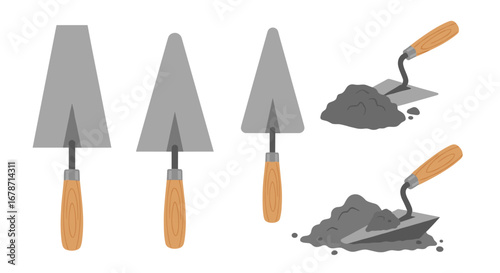 Various trowels with handles and piles of cement powder showing construction work elements