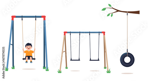 Outdoor playground equipment featuring various swing sets and a tire swing for childrens recreation and activity