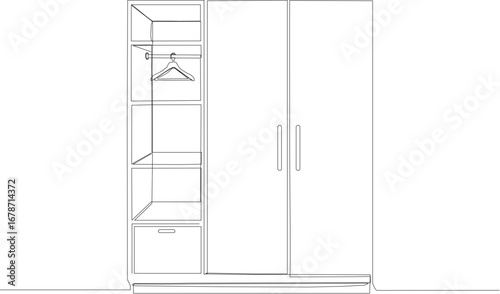 A minimalist line drawing of a wardrobe with doors, drawers, and hangers inside the closet