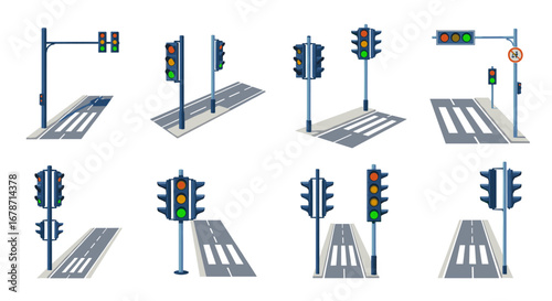 Collection of traffic signal lights and pedestrian crossings in urban street scenes