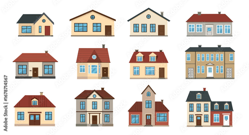 Fototapeta premium Collection of diverse residential houses featuring various architectural styles and designs for property portfolios