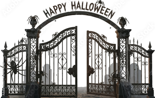 Ornate iron gate with spiders and cobwebs, perfect for halloween decorations and spooky celebrations, with a happy halloween sign