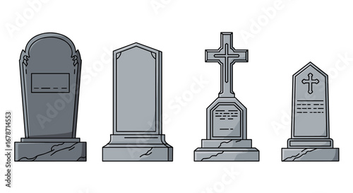 A collection of four distinct gray gravestones with different shapes and designs for cemetery or memorial purposes