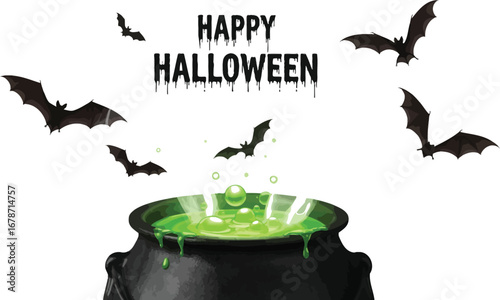 Halloween witchs cauldron with green potion, bats, and smoke