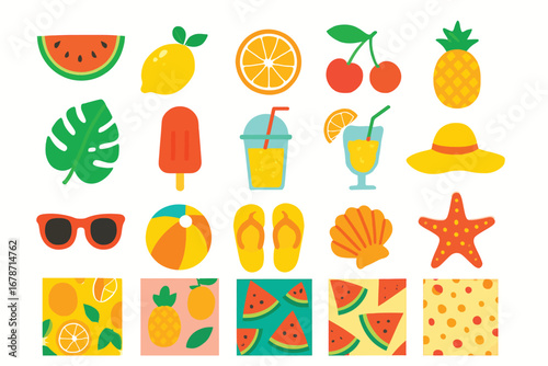 Summer Bright and Juicy Card Icon Set – Flat Solid Color Fun Vector Collection