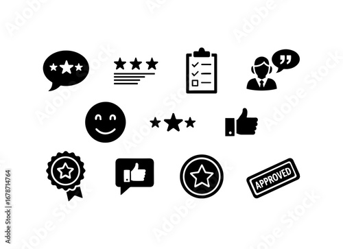 Collection of black icons representing customer feedback ratings and approval on a white background