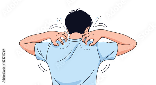 Person scratching their itchy back and shoulders with both hands experiencing discomfort and irritation