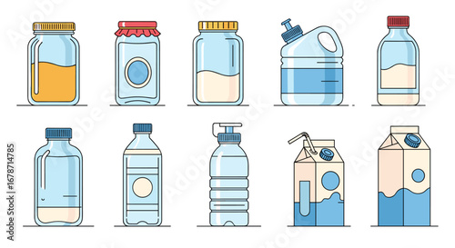 Collection of assorted beverage and food containers including jars bottles cartons and jugs for various liquids