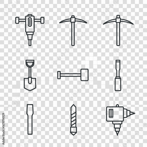 The image displays a comprehensive set of essential outline icons representing various heavy-duty construction and mining tools for digital design projects.