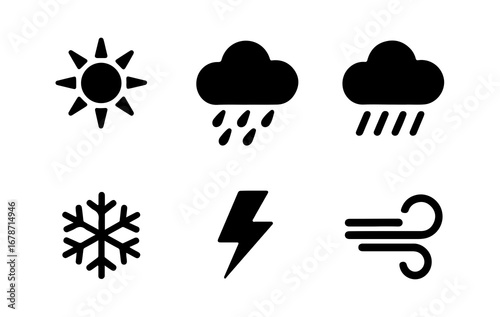 Collection of six distinct weather icons representing sun rain snow lightning and wind
