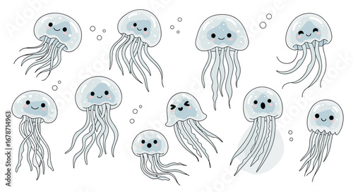 A charming collection of adorable hand drawn kawaii jellyfish floating gracefully in the ocean depths