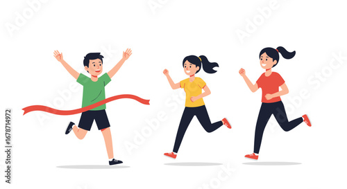 Young athletes crossing the finish line in a competitive race achieving victory and success together