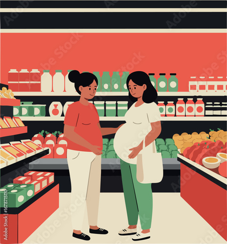 Pregnant woman shopping with friend in grocery store aisle healthy food choices lifestyle vector illustration