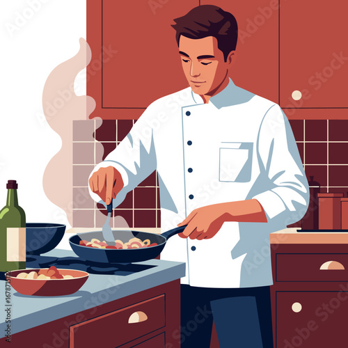 Male Chef Cooking in Kitchen Preparing Food with Pan and Stove Culinary Scene Vector Illustration