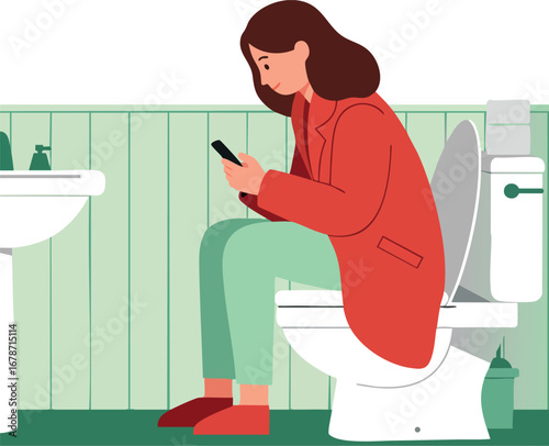 Woman sitting on toilet using smartphone in bathroom wearing red jacket and green pants digital vector illustration