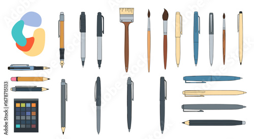 Collection of writing instruments and art tools showcasing diverse styles and functions