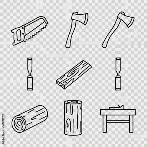 Essential woodworking and carpentry tools, including saws, axes, chisels, and various timber elements, are presented as clean line art icons.