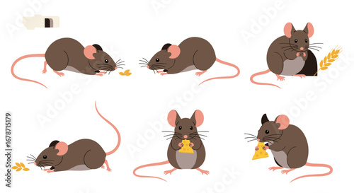 Cute cartoon mice enjoying eating cheese and grains in various adorable poses