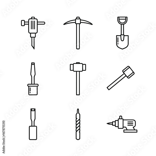 A comprehensive collection of essential construction and demolition tools, depicted as modern line icons, perfect for various industrial and DIY project designs.