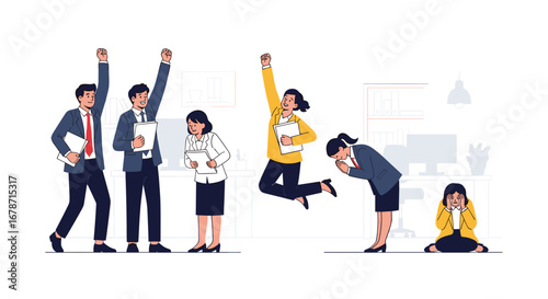 Team celebrates success while one colleague struggles with overwhelming pressure and sadness