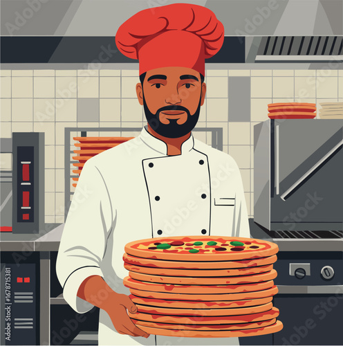 Chef holding stack of freshly baked pizzas in professional kitchen with red hat and white uniform