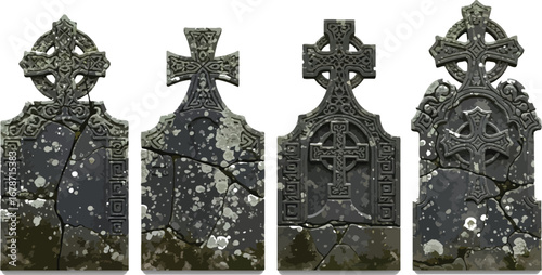 Four weathered celtic cross gravestones, showcasing ancient irish heritage, religious symbolism, and intricate stone carving details in a historic cemetery
