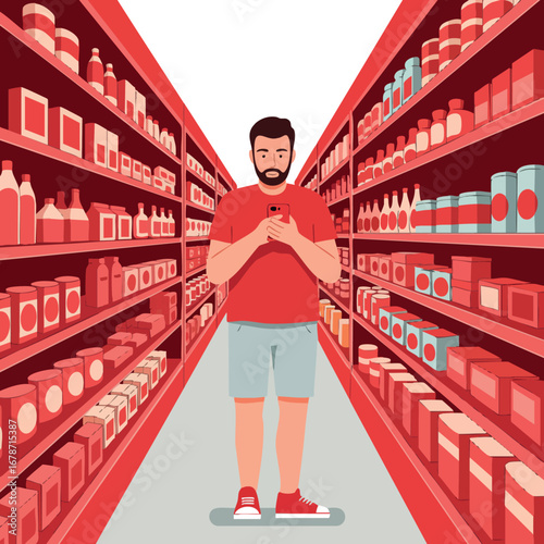 Man shopping in red supermarket aisle holding smartphone browsing products on shelves vector illustration
