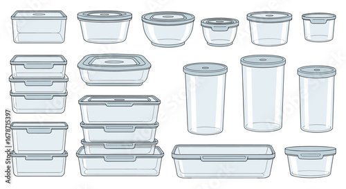 Collection of various shaped clear glass food storage containers with airtight lids for kitchen organization and meal preparation