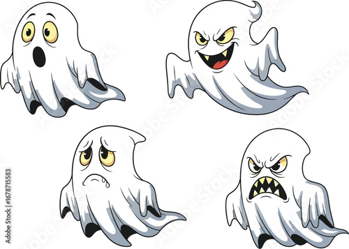 Four cartoon ghosts with different expressions, perfect for halloween themed designs and spooky illustrations for childrens books