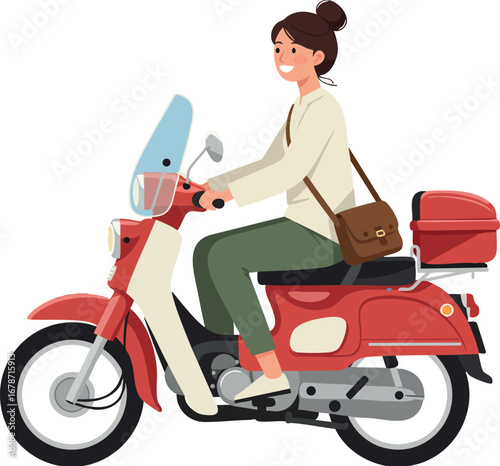 Woman riding red scooter with green pants and brown bag casual urban transport illustration