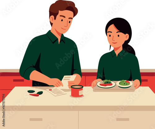 Young couple cooking together at kitchen counter preparing healthy meal in casual clothes vector illustration