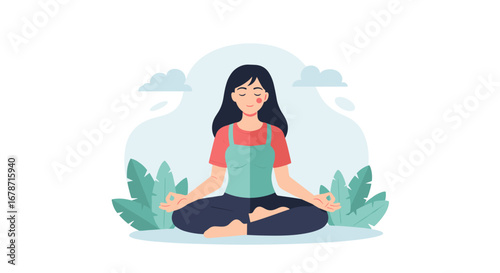 A Calm And Peaceful Meditation Illustration Depicts A Woman In A Serene Yoga Pose, Surrounded By Nature Elements, Perfect For Wellness And Relaxation Concepts, Demonstrating Mindfulness.