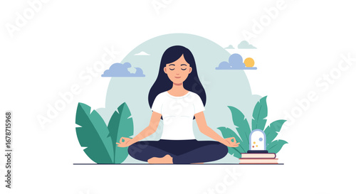 A Calm Woman Meditating In Nature, Surrounded By Plants And Symbols Of Peace, Representing Mindfulness And Relaxation, Ideal For Wellness And Meditation Content.