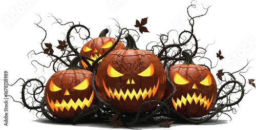 A group of carved pumpkins with scary faces and vines, , perfect for halloween decorations