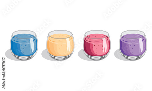 mango, strawberry, grape and blueberry smoothies. Illustration smoothies in a glass cup. Summer drinks. Cup of fruity organic shake. Fruit cocktail. Vector illustration.