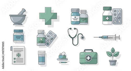 A Collection Of Healthcare Icons Showcasing Medical Supplies, Including Pills, Syringe, And Stethoscope, Perfect For Illustrating Medicine, Treatment, And Wellness Concepts.