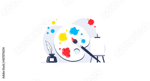 A Colorful Artistic Palette And Tools Illustration. A Vibrant Illustration Showcasing An Artist S Palette With Paint And Brush, Alongside Ink, And An Easel, Perfectly Representing