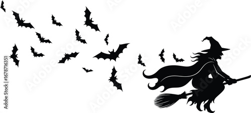 Silhouette of a witch flying a broomstick with a swarm of bats, a classic halloween image