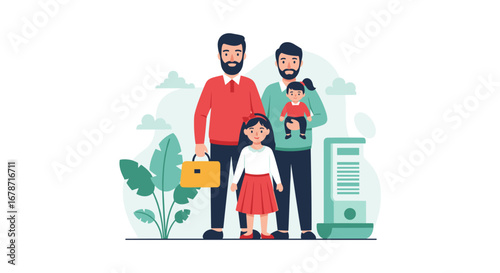 A Delightful Illustration Depicting A Gay Family Two Fathers With Their Two Children, One Girl And A Baby, Standing Together In A Heartwarming Family Portrait Representing Love And