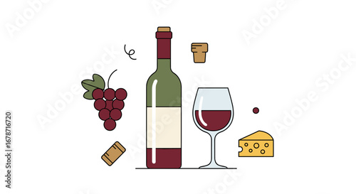 A Delightful Illustration Of Wine, Featuring A Bottle, Glass, Grapes, Cheese, And Cork, Perfect For Wine Themed Designs And Culinary Projects. With Comprehensive Details And Informative