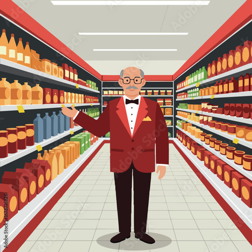 Elderly man in red jacket shopping in supermarket aisle with shelves full of products vector illustration