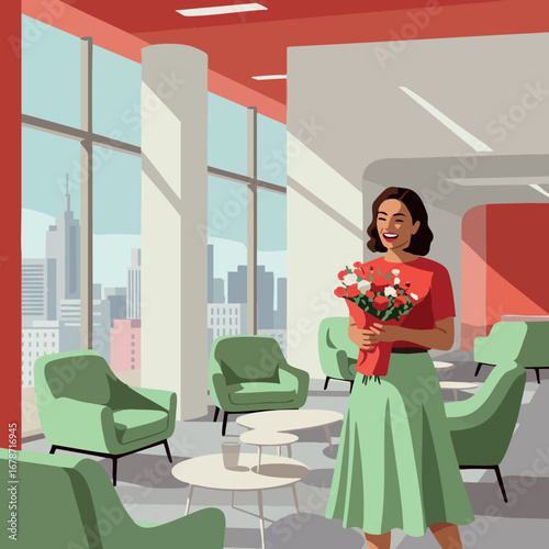 Woman holding bouquet of red flowers in modern office lobby with green chairs and large windows natural light