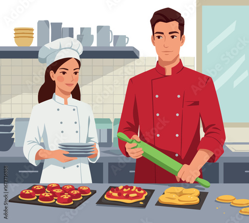 Two chefs preparing pizza dough and cooking in professional kitchen culinary teamwork vector illustration