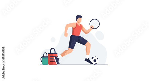 A Dynamic Illustration Of A Man Playing Soccer, With A Tennis Racket, And A Shopping Bag Alongside A Soccer Ball, Depicting A Fusion Of Sports And Lifestyle Concepts In A Minimalist Style.