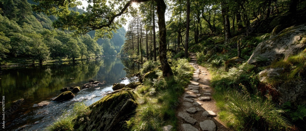 Obraz premium Sunlit forest path beside a tranquil river