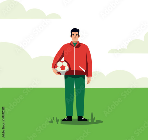 Young man holding soccer ball standing on grass field with cloudy sky background vector illustration