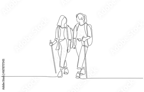 Continuous one line drawing of two hikers walking side by side, friendship, adventure, exploration, and joy of outdoor activity concept, single line art