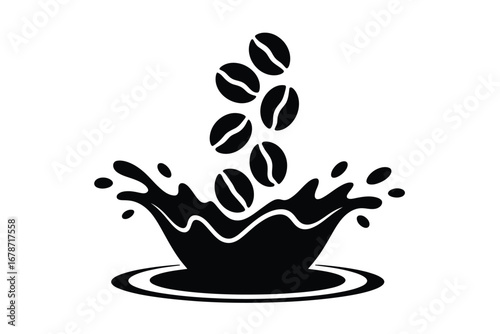 Coffee beans splash into liquid creating ripples and splashes